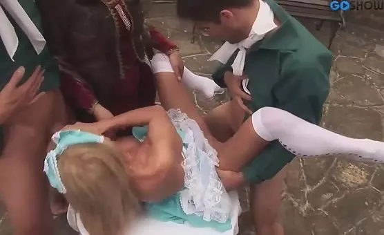 Horny Blonde Chicks with Ribbons in Their Hair Double Blowjob Orgy
